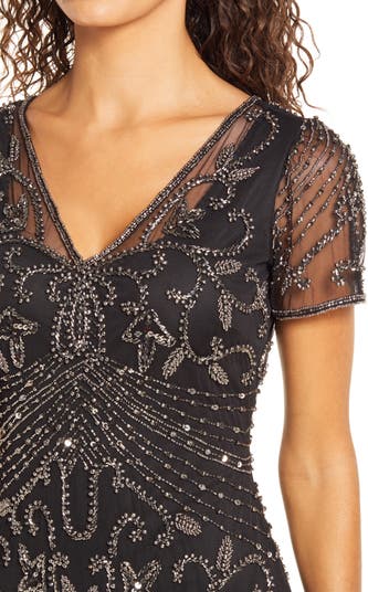 Beaded Mesh Column Gown