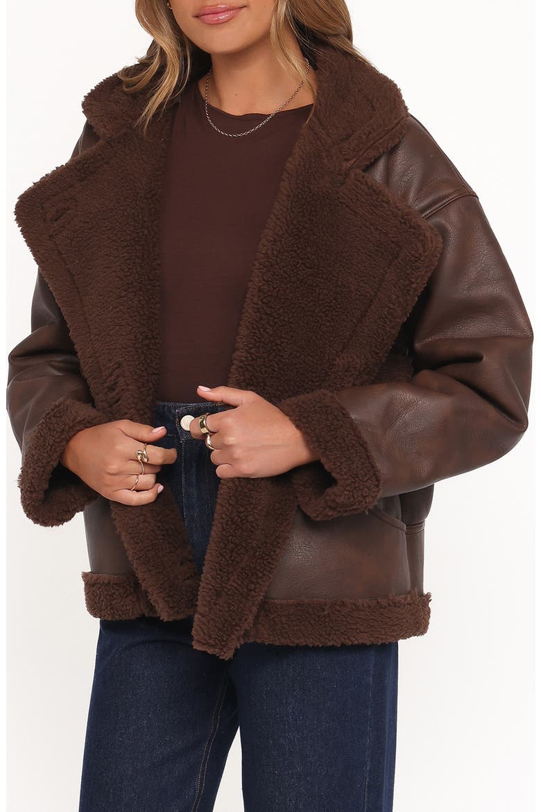Faux Leather & Faux Shearling Car Coat, Alternate, color, CHOCOLATE