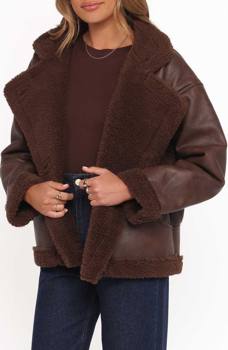 Petal & Pup Faux Leather & Faux Shearling Car Coat, Alternate, color, Chocolate