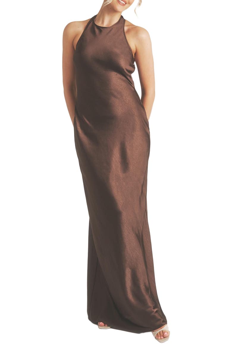 Six Stories Racer Neck Satin Bridesmaid Dress, Alternate, color, Chocolate