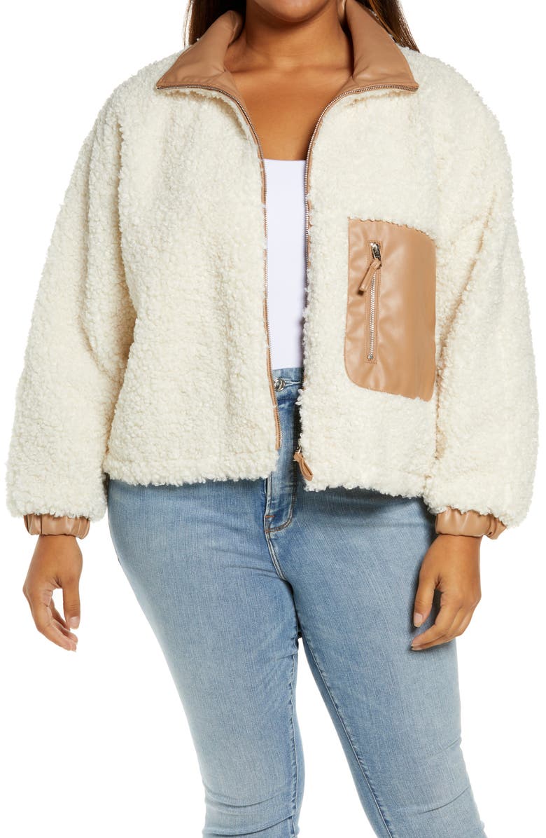 BLANKNYC Faux Shearling with Faux Leather Trim Bomber Jacket, Main, color, Silver Lining Cream
