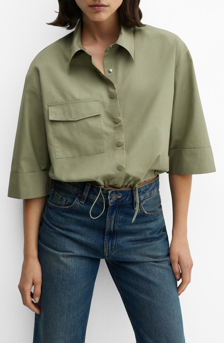 MANGO Drawcord Hem Cotton Snap-Up Shirt, Main, color, 