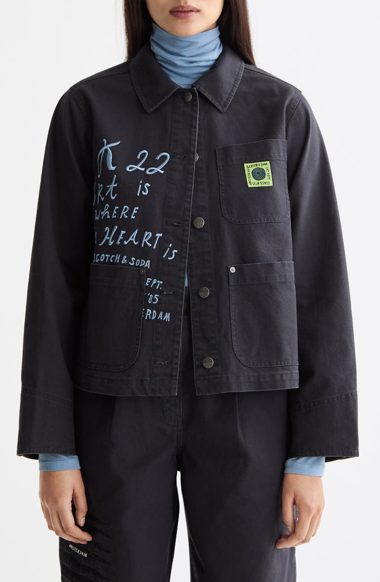 Scotch & Soda Washed Embroidery Detail Cotton Workwear Jacket, Main, color, Charcoal Art