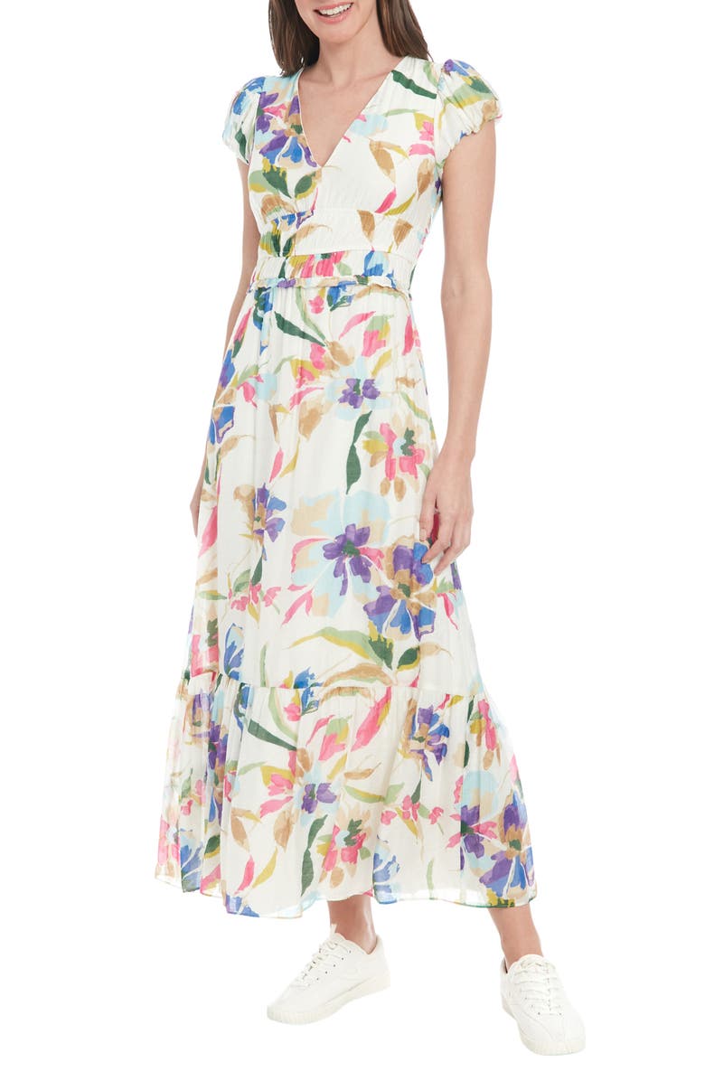 London Times Floral Cap Sleeve Empire Waist Chiffon Maxi Dress, Alternate, color, White/ Pink/ Purple
