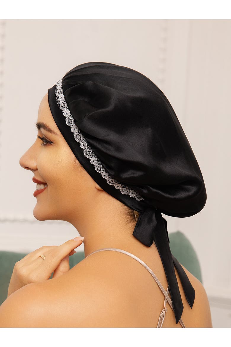 Pure Silk Lace Bonnet with Ribbons, Alternate, color, Black