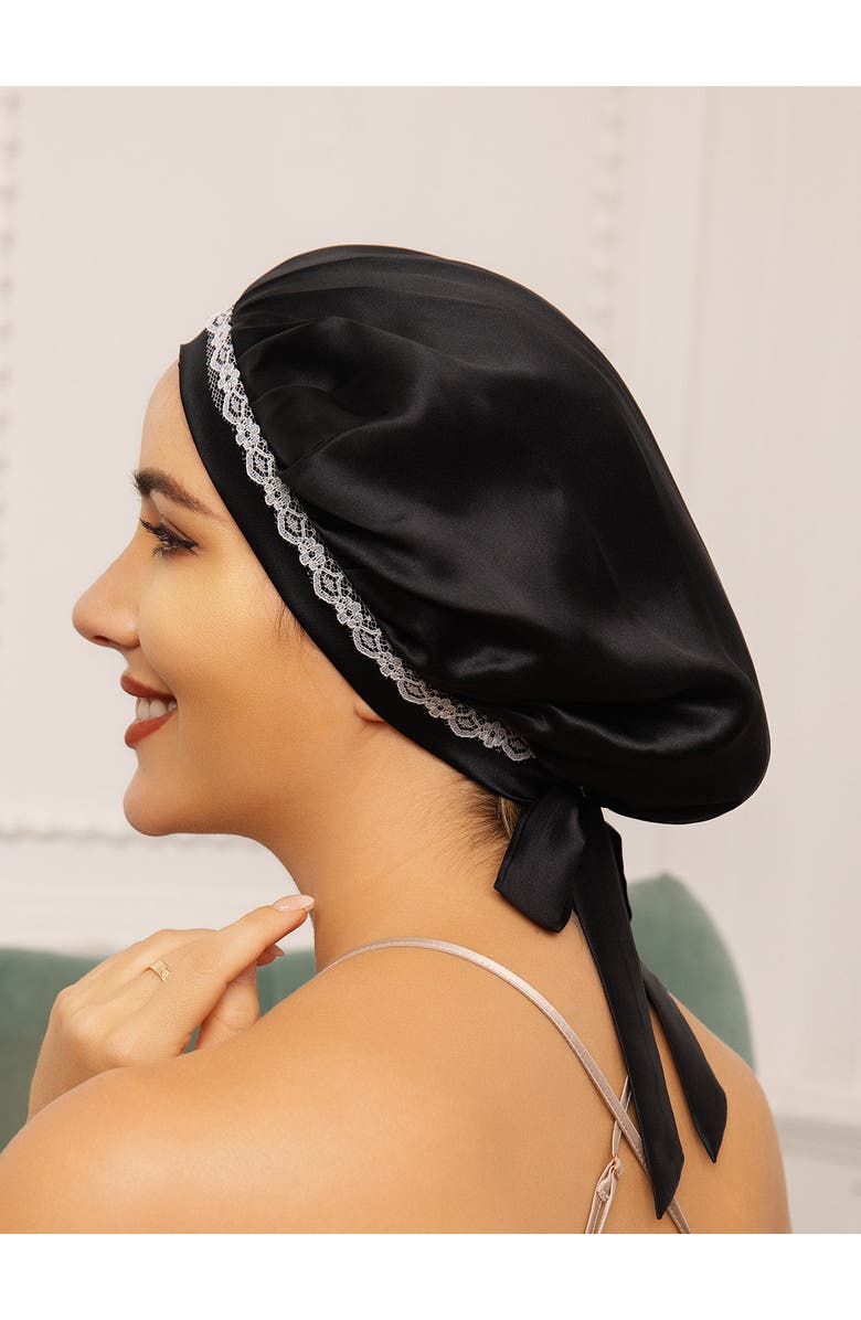 SILKSILKY Pure Silk Lace Bonnet with Ribbons, Alternate, color, Black