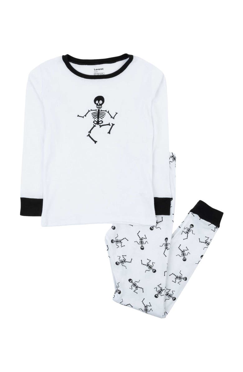 Leveret Kids Two-Piece Cotton Halloween Matching Family Pajamas, Fun Prints, Alternate, color, White Skeleton