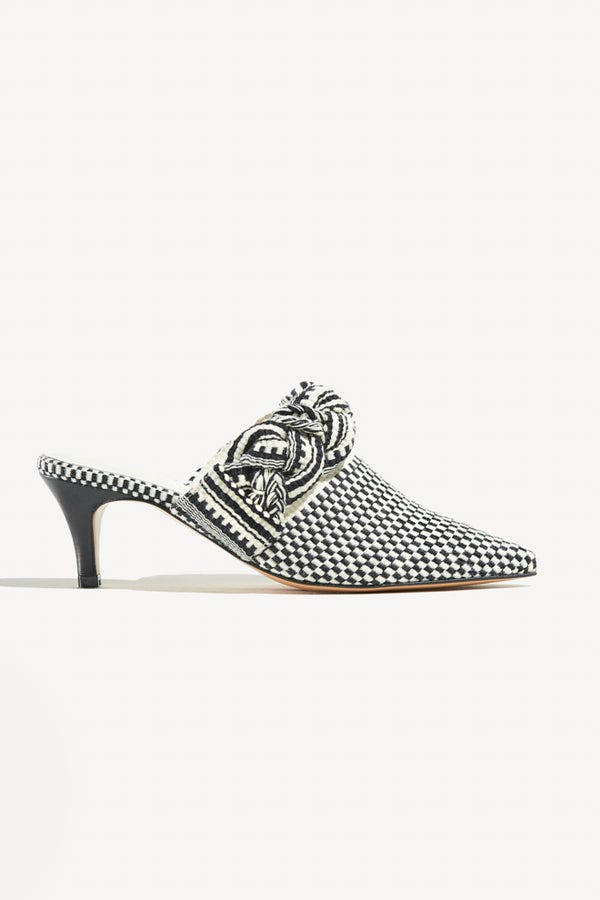 Amambaih Blanca Motif Fabric Mules, Main, color, Ivory Black