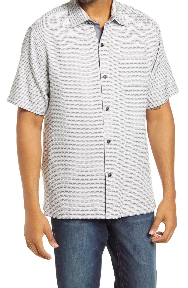 Tommy Bahama Geovanni Geo Classic Fit Silk Camp Shirt, Main, color, Bala Shark