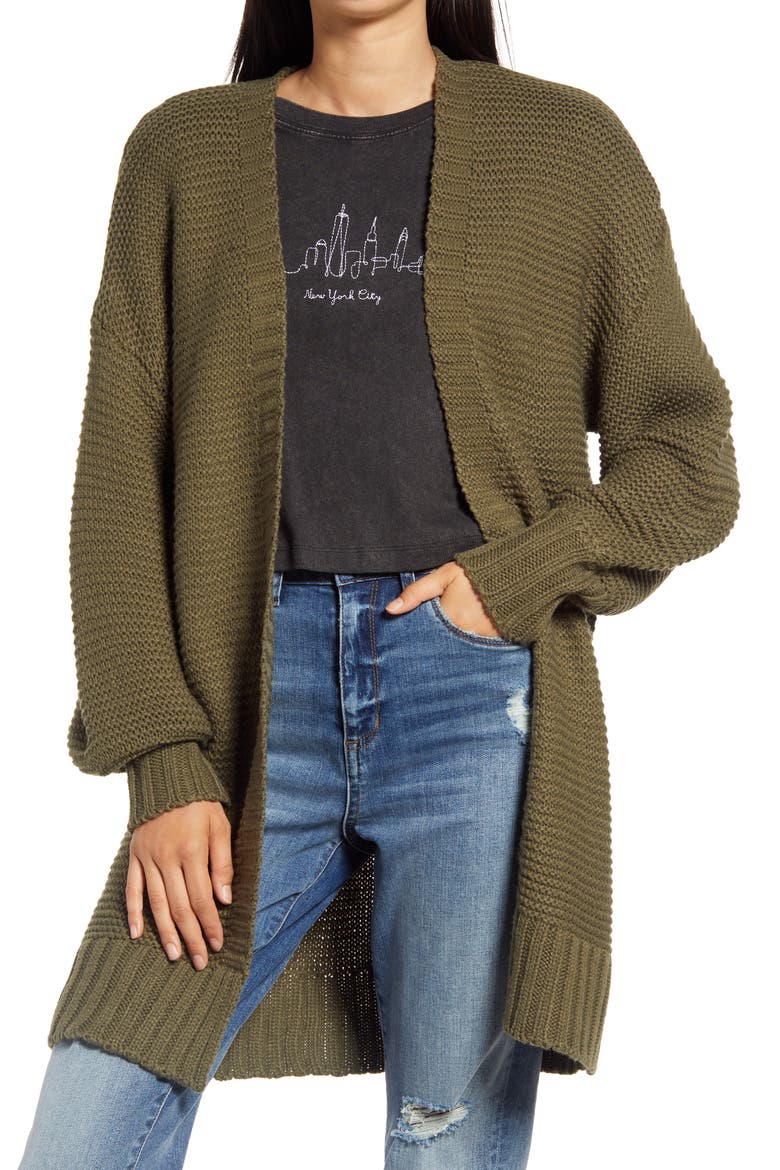 Warm Company Balloon Sleeve Cardigan, Main, color, OLIVE GREEN
