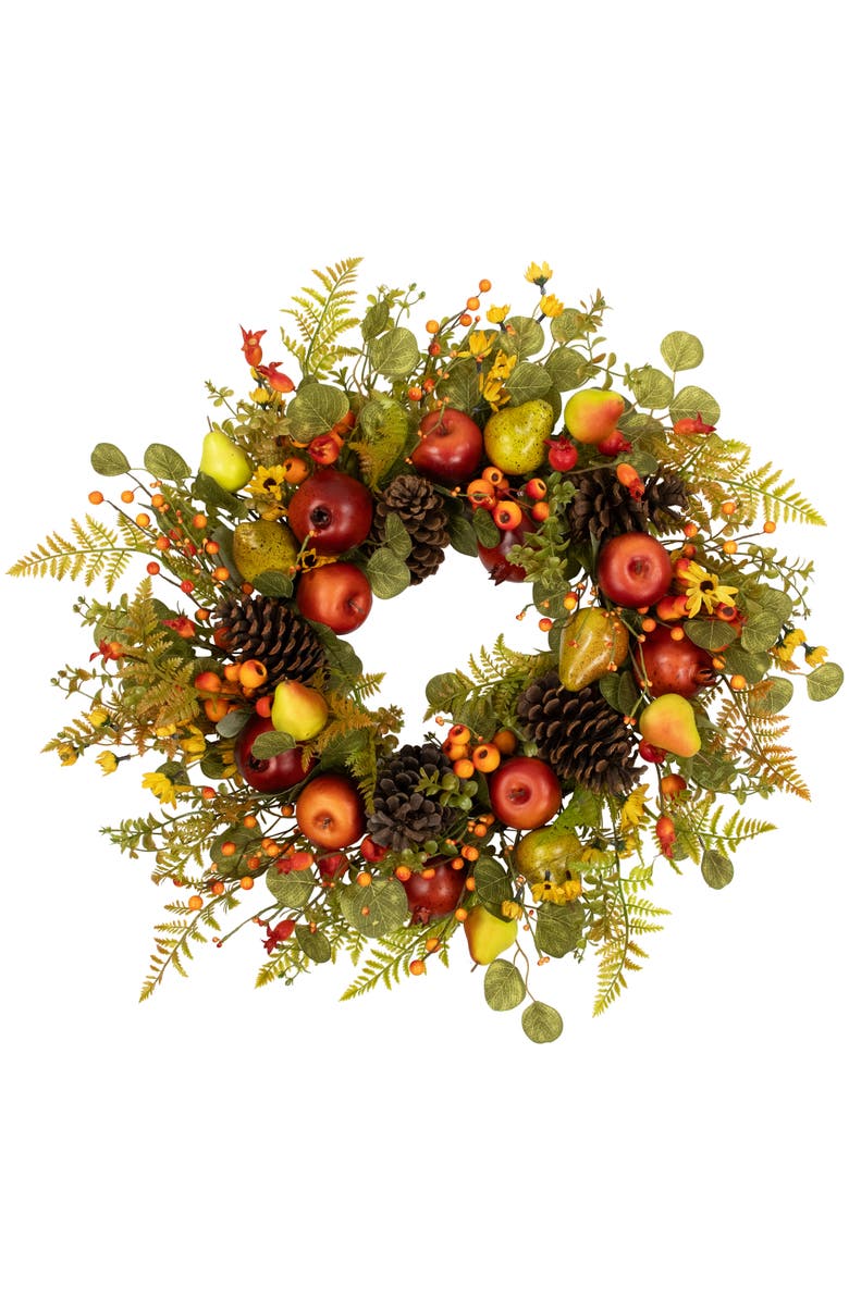 Northlight Apples, Pears and Ferns Artificial Fall Harvest Wreath - 26", Main, color, Green