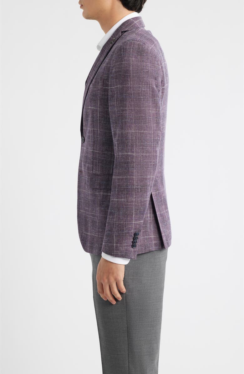 John Varvatos Star USA Varick Slim Fit Purple Check Slub Wool & Cotton Blend Sport Coat, Alternate, color, Burgundy