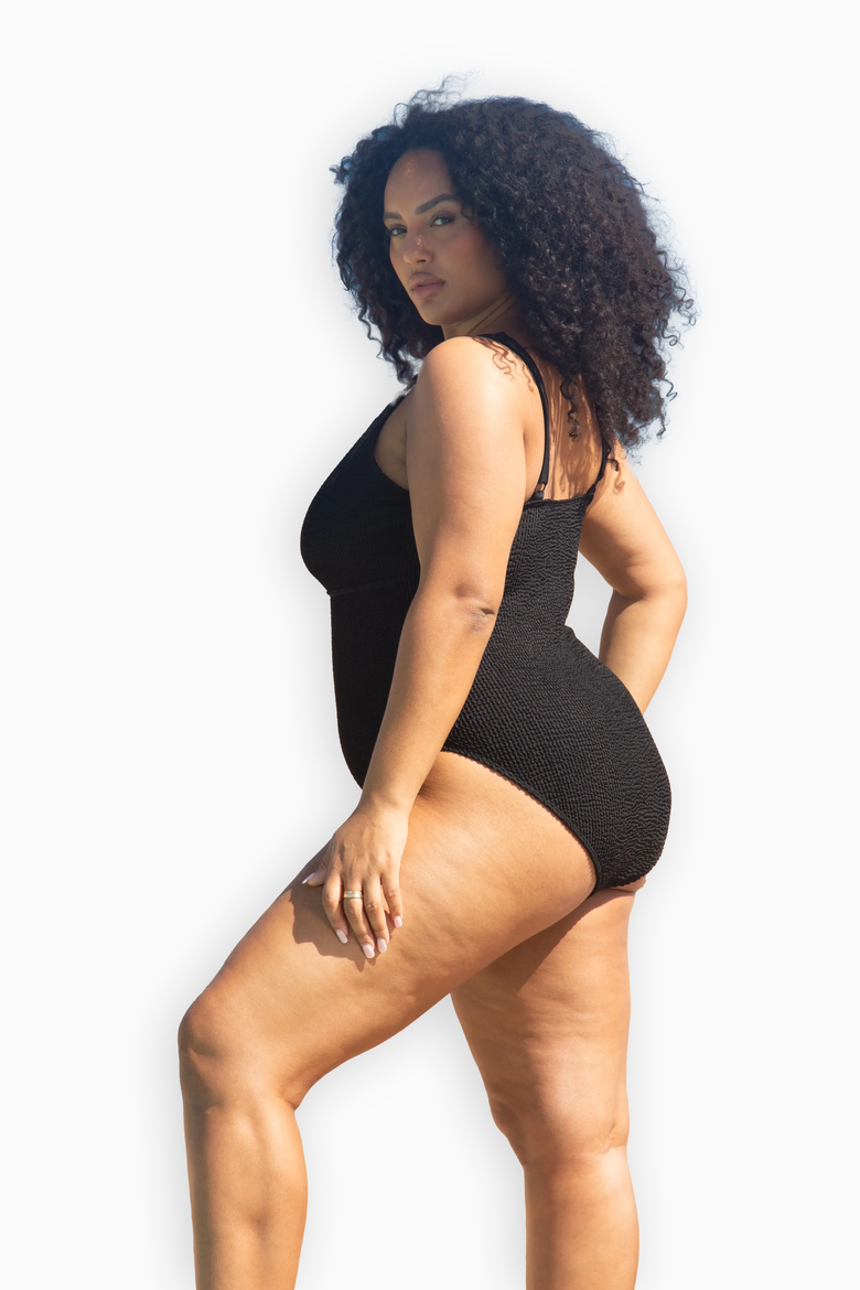 Trim Detail Sculpting Crinkle Swimsuit, Alternate, color, Black