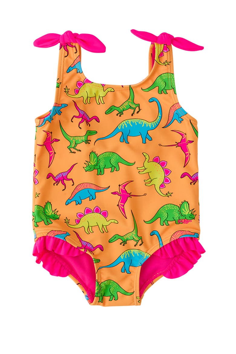 Baby Girls UPF50+ Tie Shoulder One Piece, Main, color, Neon Dino