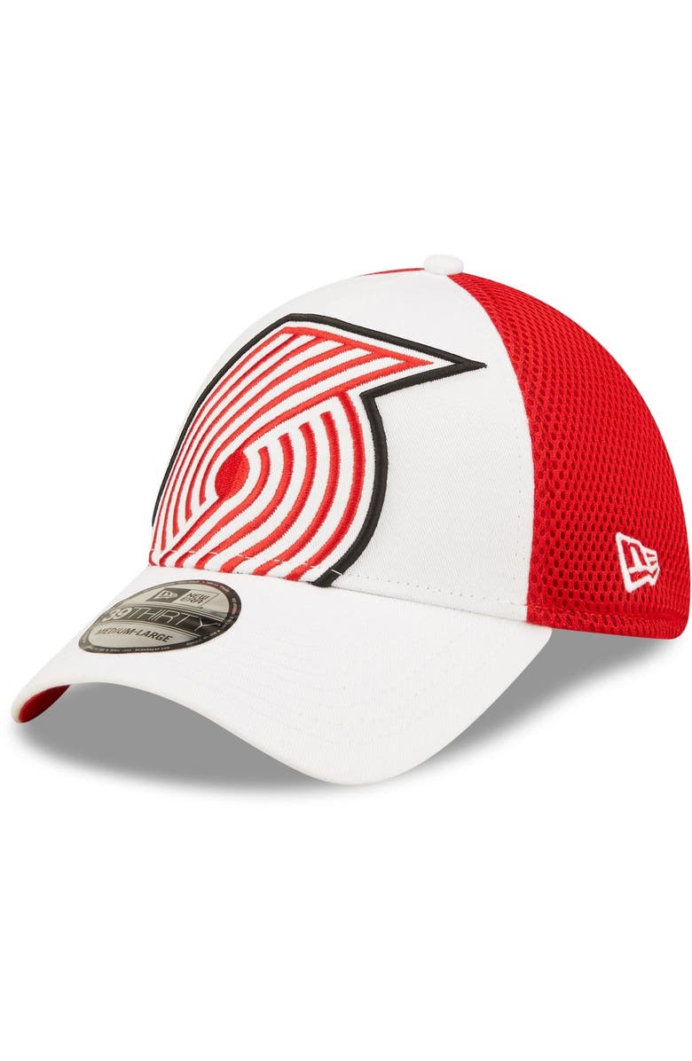 New Era Men's New Era White/Red Portland Trail Blazers Large Logo 39THIRTY Flex Hat, Alternate, color,