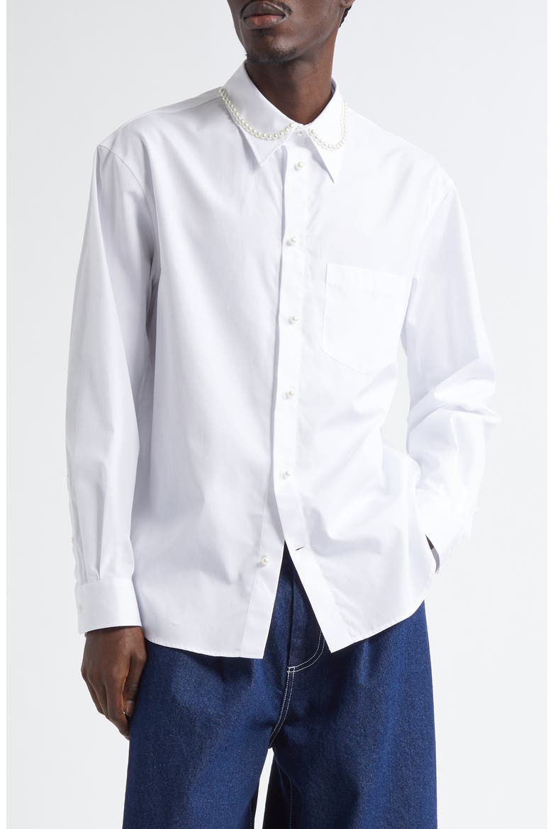 Faux Pearl Detail Classic Fit Cotton Button-Up Shirt, Main, color, WHITE/ PEARL