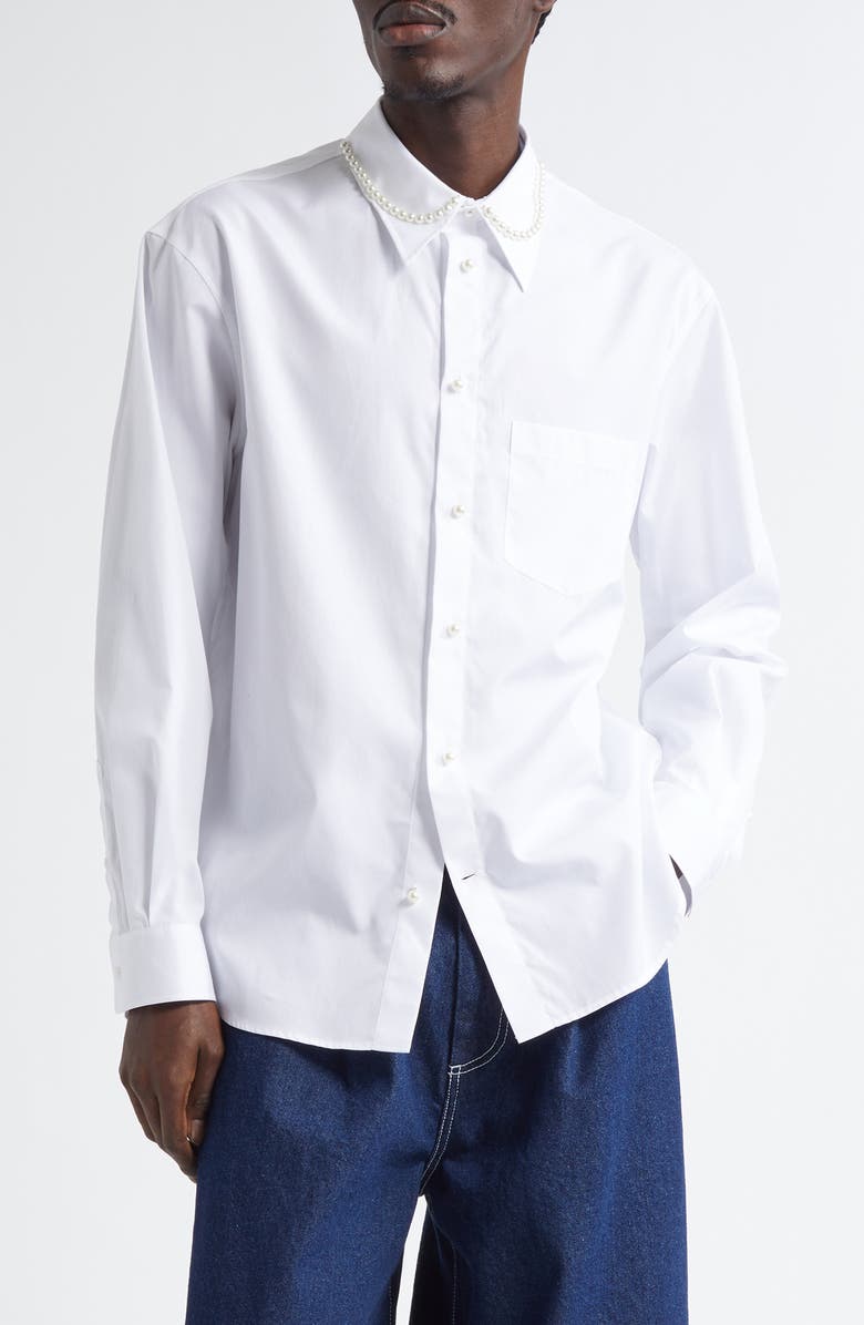 Simone Rocha Faux Pearl Detail Classic Fit Cotton Button-Up Shirt, Main, color, 