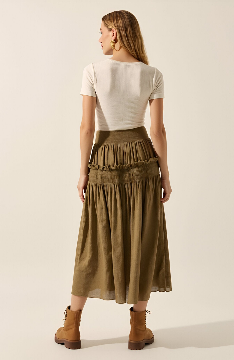 Modenaire Smocked Tiered Ruffle-Trim Flowy Maxi Skirt, Alternate, color, Olive Green
