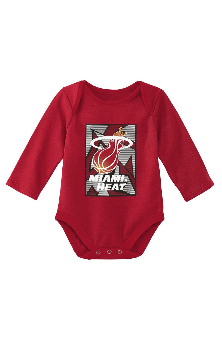 Mitchell & Ness Infant Mitchell & Ness Black/Red Miami Heat Hardwood Classics Bodysuits & Cuffed Knit Hat Set, Alternate, color, Black