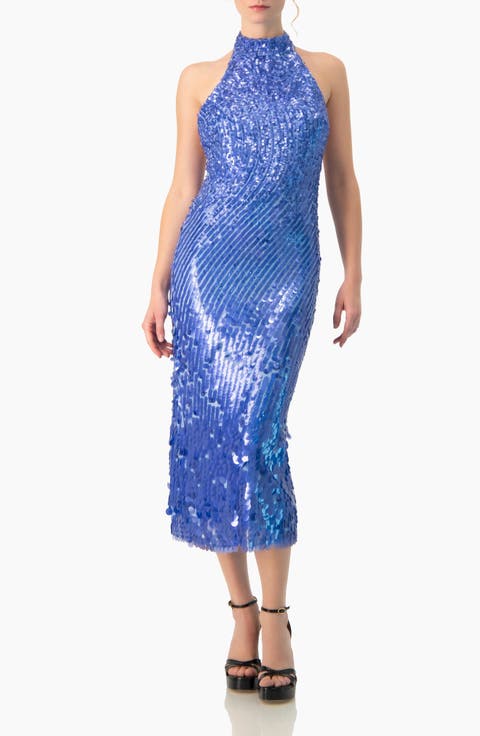 Halter Paillette Sequin Midi Dress With Open-Back