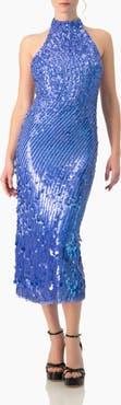 IVONNE Halter Paillette Sequin Midi Dress With Open-Back
