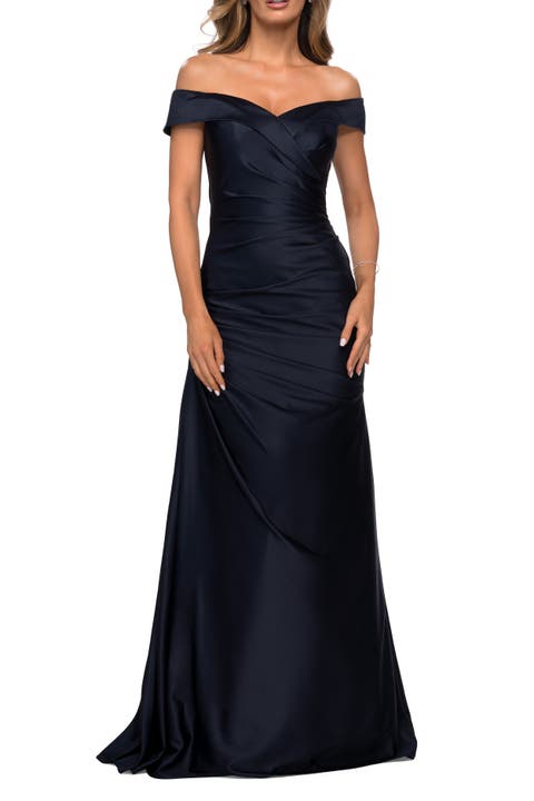Off the Shoulder Satin Evening Dress with Pleating