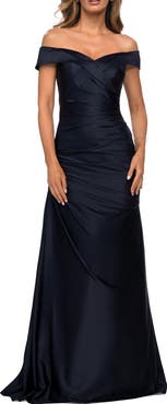 La Femme Off the Shoulder Satin Evening Dress with Pleating
