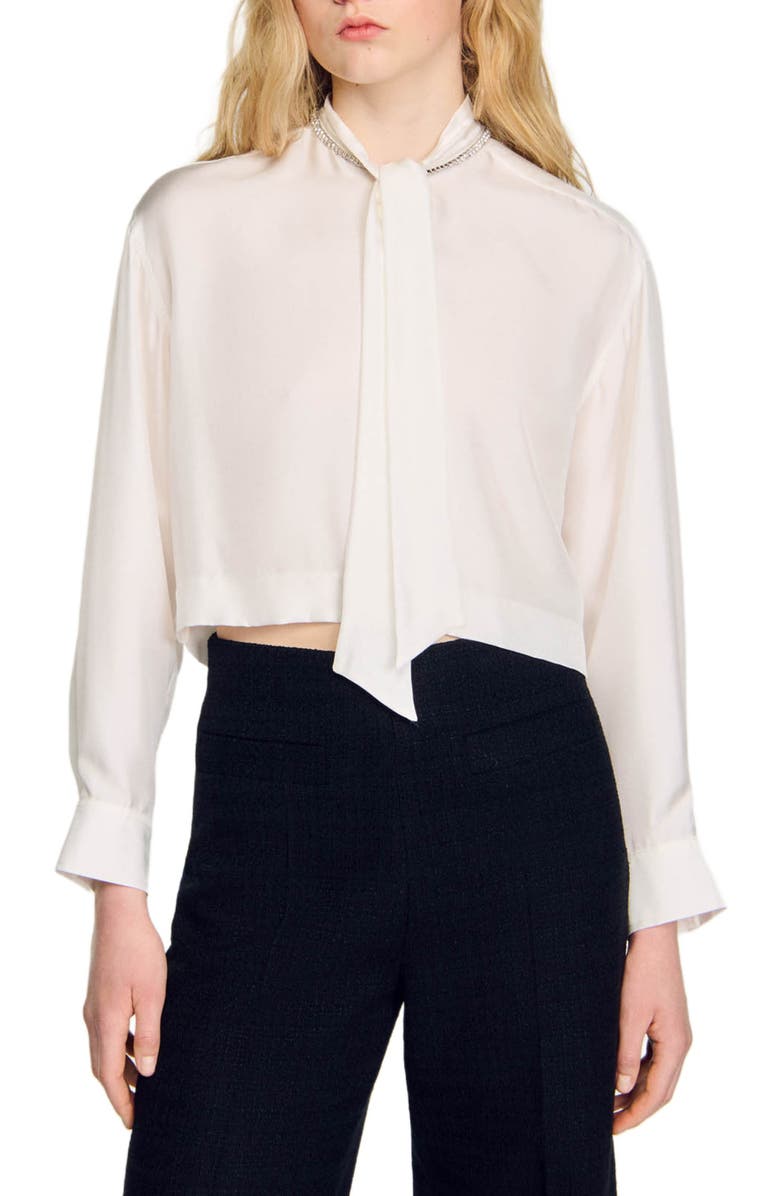 SANDRO Cropped silk shirt, Main, color,