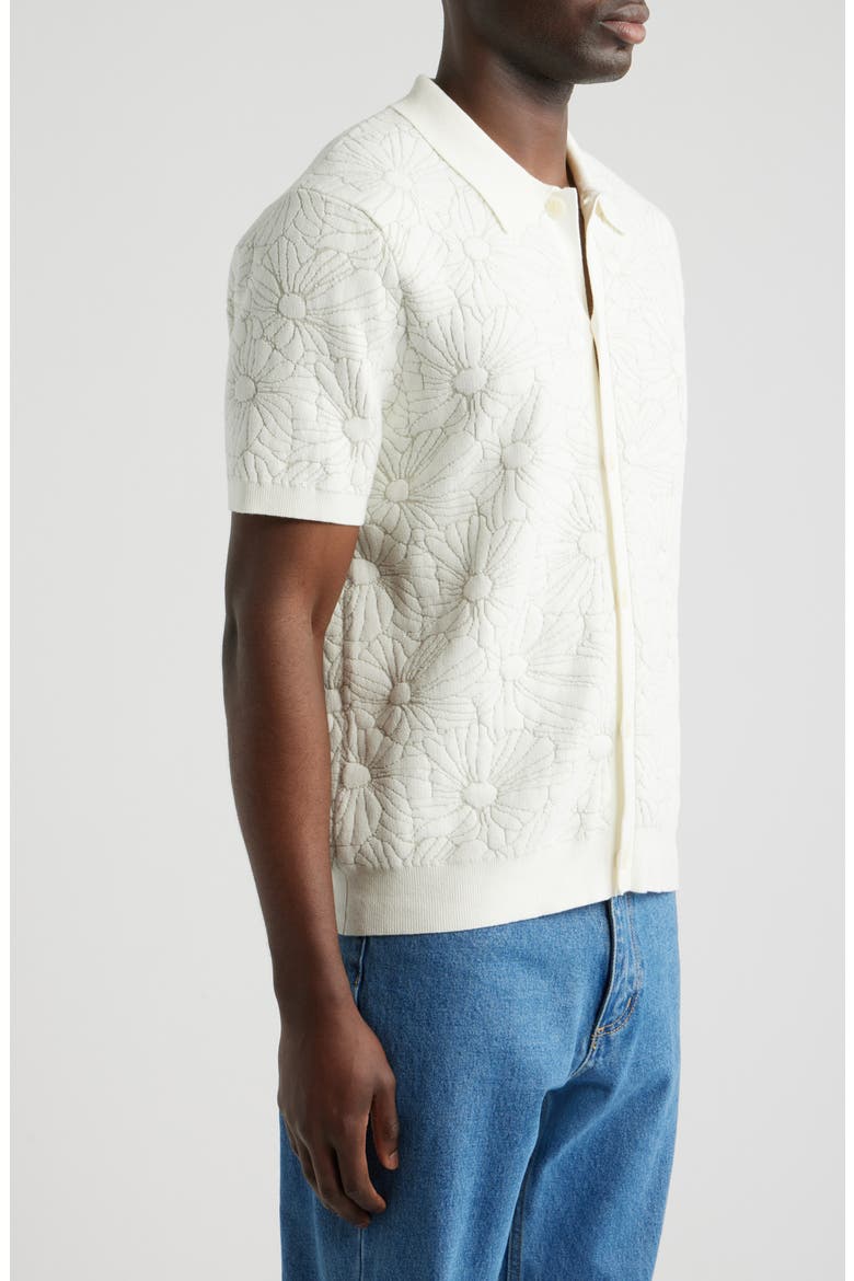 Tellaro Short Sleeve Floral Jacquard Cotton Blend Cardigan, Alternate, color, ECRU / NATURAL