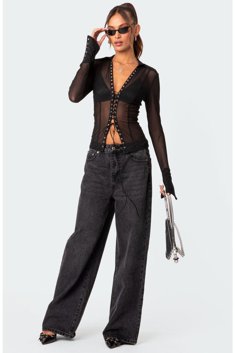 Lace-Up Sheer Mesh Top, Alternate, color, BLACK