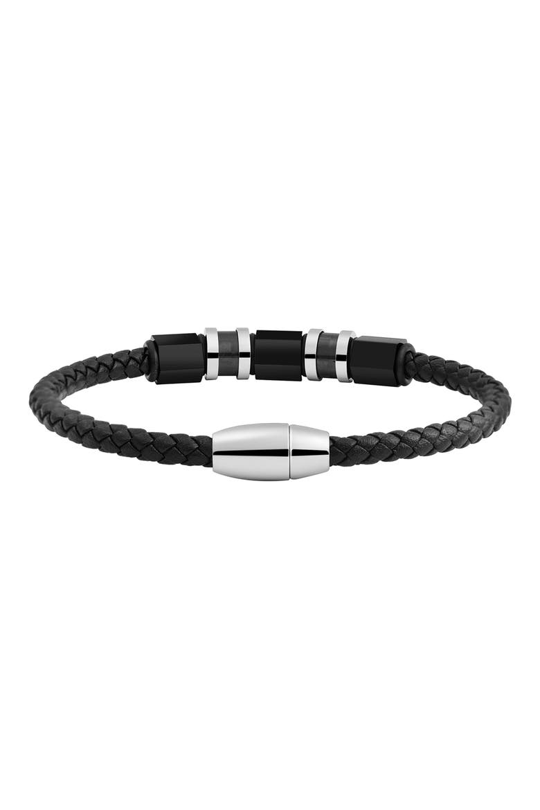 Men's Stainless Steel Ornaments Leather Bracelet, Alternate, color, BLACK