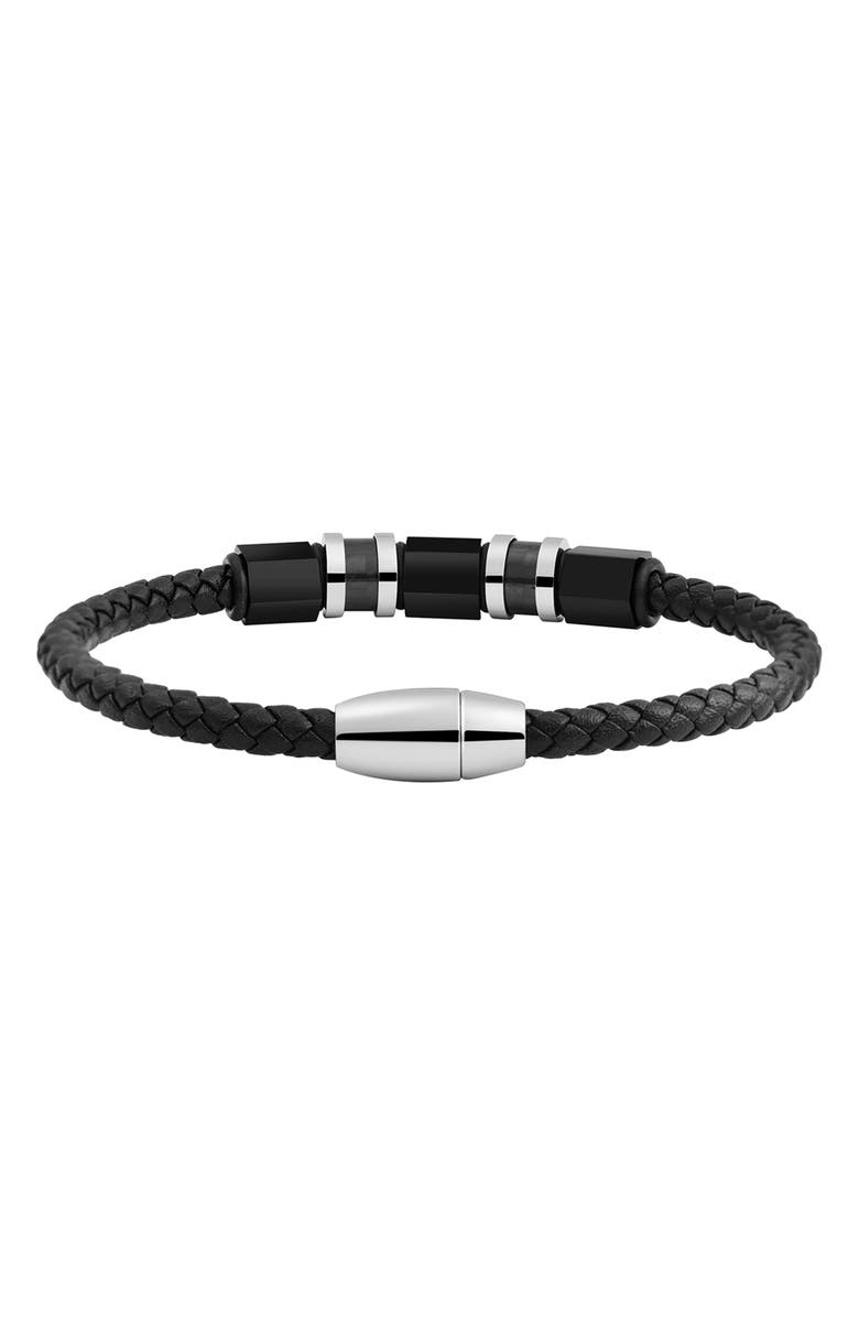 GEOFFREY BEENE Men's Stainless Steel Ornaments Leather Bracelet, Alternate, color, Black