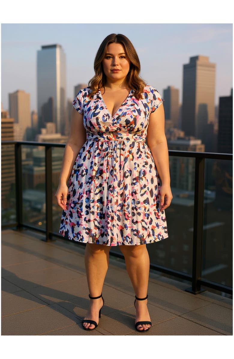 24seven Comfort Apparel Plus Size Animal V-Neck Cap Sleeve Knee Length A-Line Pocket Dress, Alternate, color, White Multi