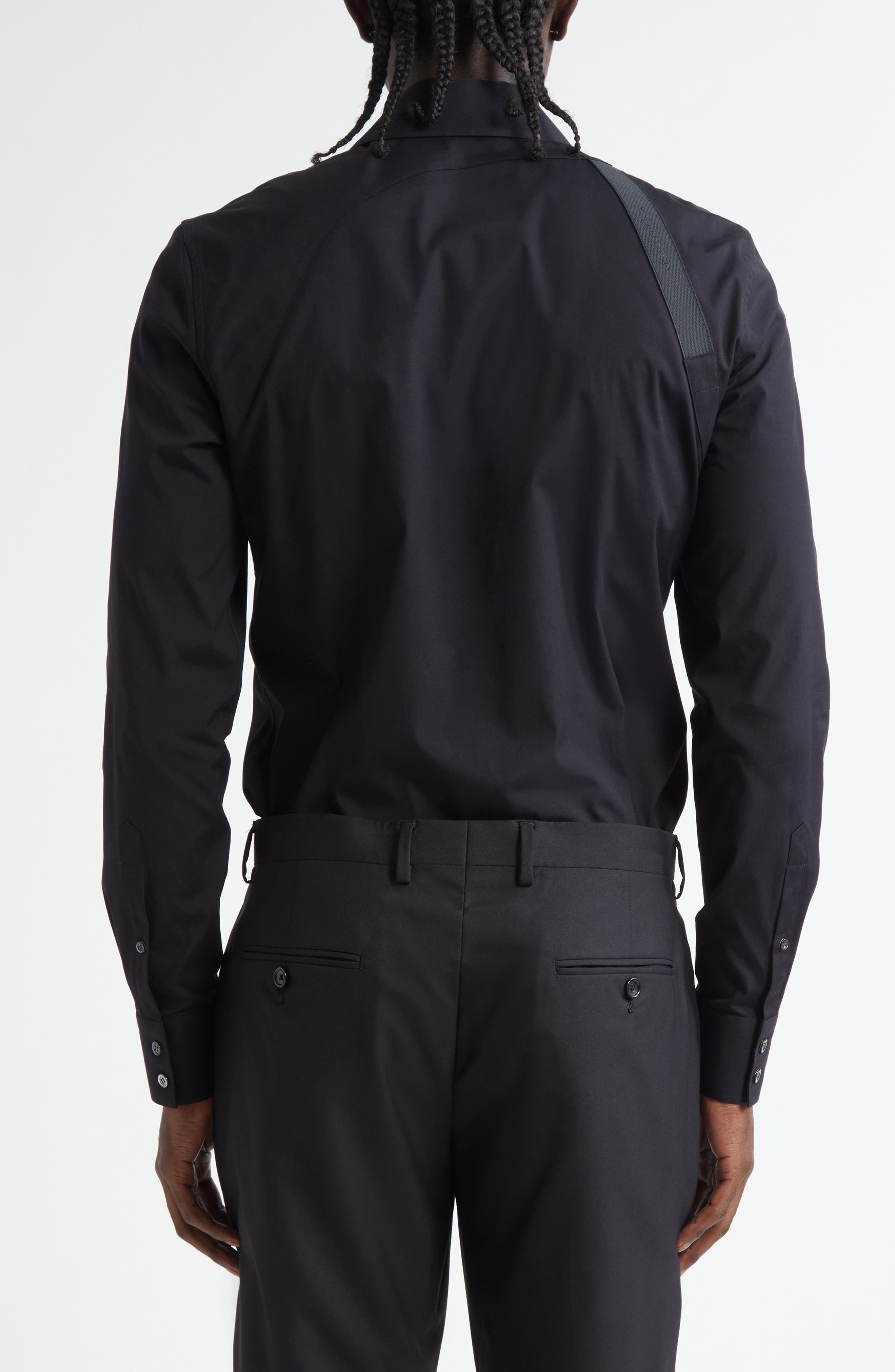 dress shirt harness McQueen Men's Logo Stretch Cotton Tape Harness Shirt - Black Silver
