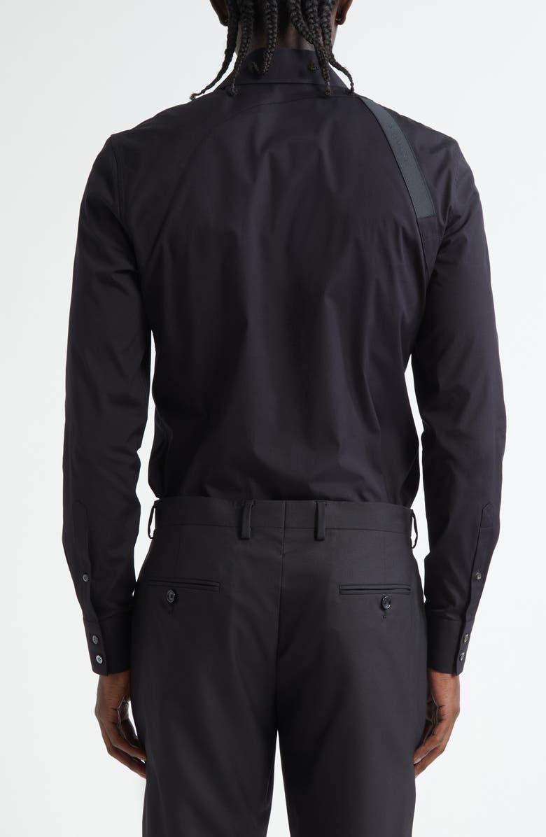 McQueen Logo Tape Harness Stretch Cotton Button-Up Shirt, Alternate, color, Black