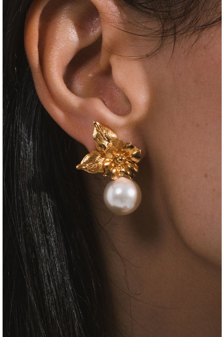 Rici Faux Pearl Flower Earrings, Alternate, color, GOLD