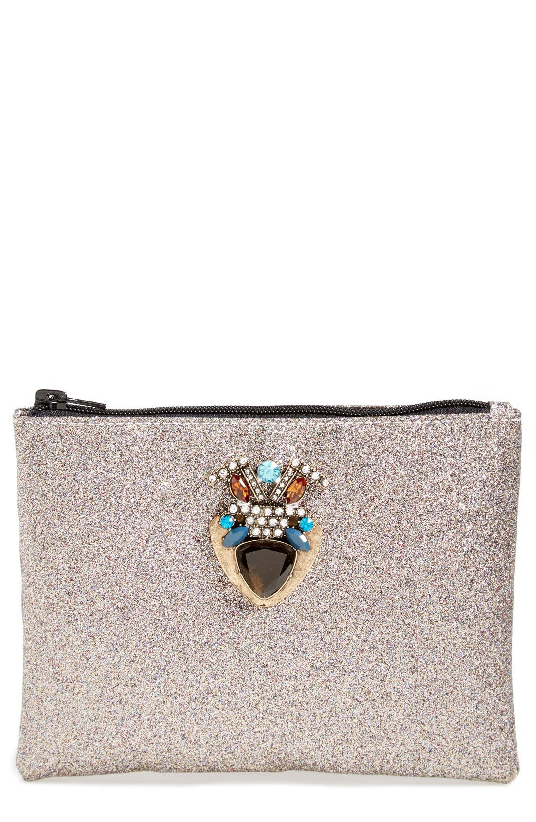 Embellished Glitter Clutch, Main, color, SILVER
