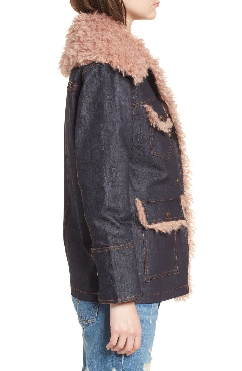 Avec Les Filles Denim & Faux Shearling Trucker Jacket, Alternate, color, 