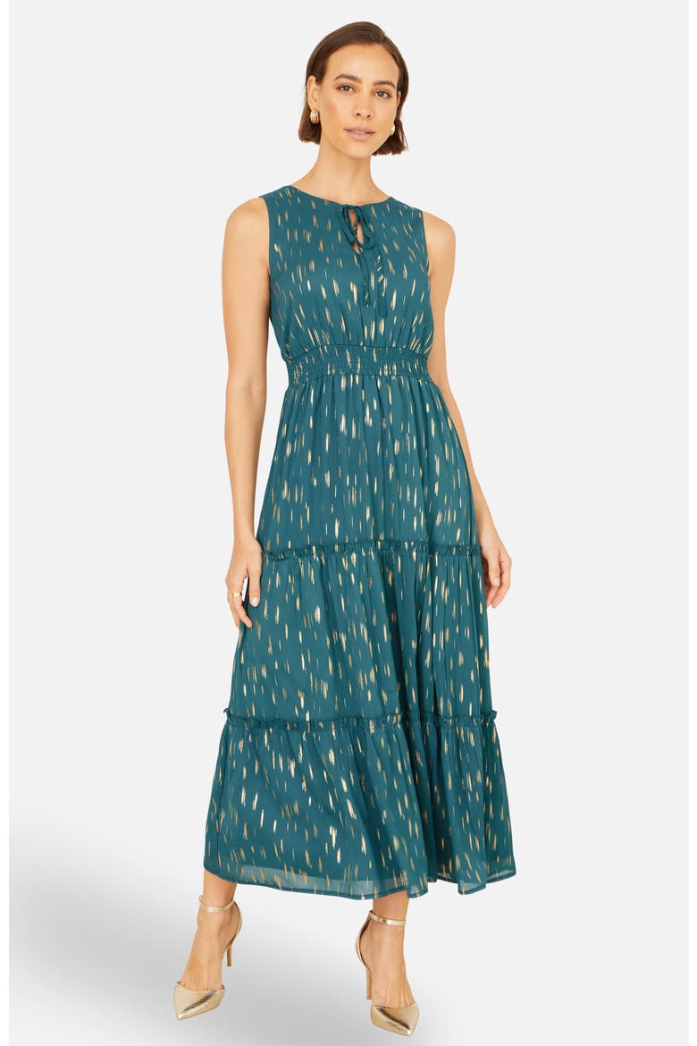 Foil Print Ruched Waist Midi Dress, Alternate, color, Teal