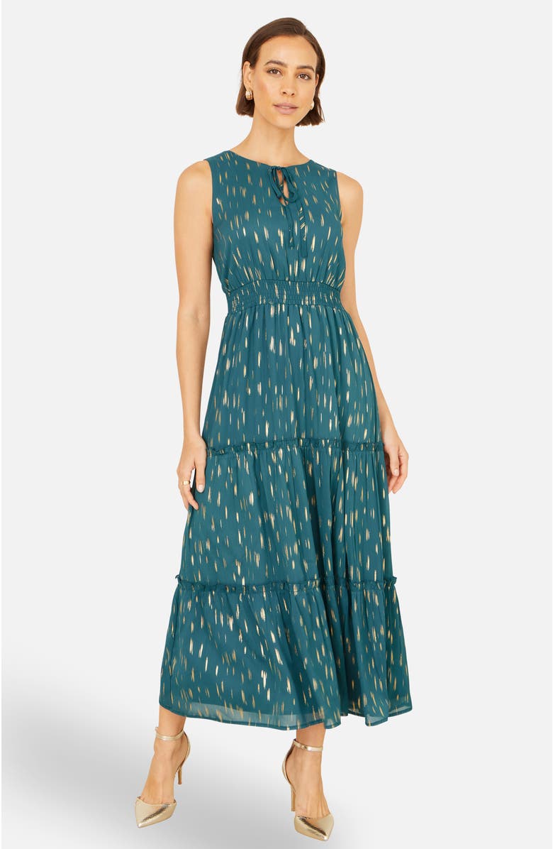 Yumi Foil Print Ruched Waist Midi Dress, Alternate, color, Teal