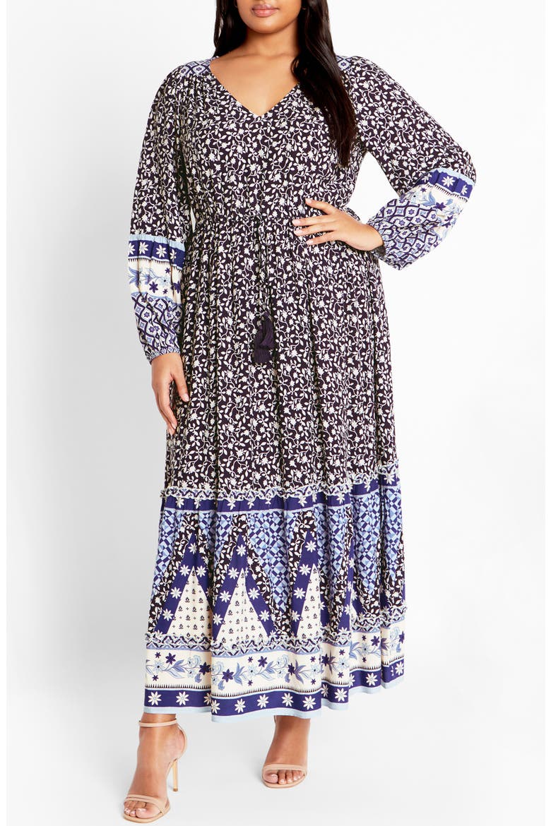 Faith Border Print Long Sleeve Maxi Dress, Main, color, BROWN PRINT