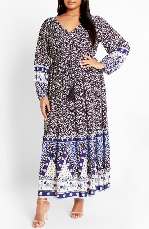 Faith Border Print Long Sleeve Maxi Dress (Plus)