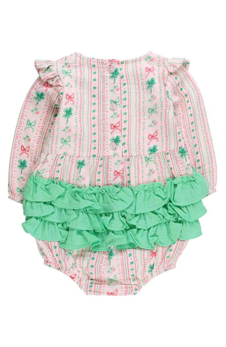 RuffleButts Cotton Gauze Long Sleeve Flutter Bubble Romper, Alternate, color, Clover Bows & Wishes