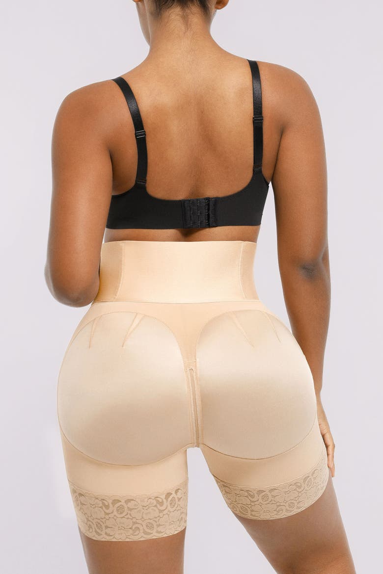 Tummy Control Boned Sculpt High Waist Shorts, Alternate, color, Beige