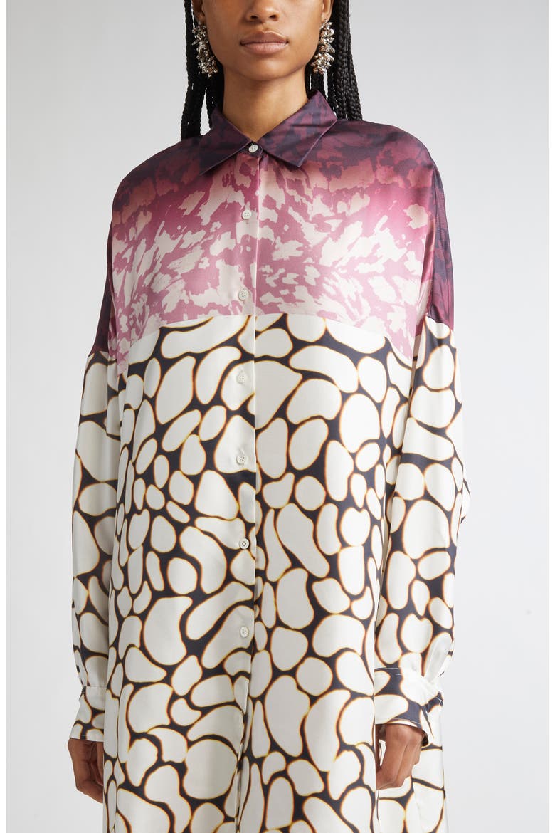 Mixed Print Oversize Silk Shirtdress, Alternate, color, OFF WHITE