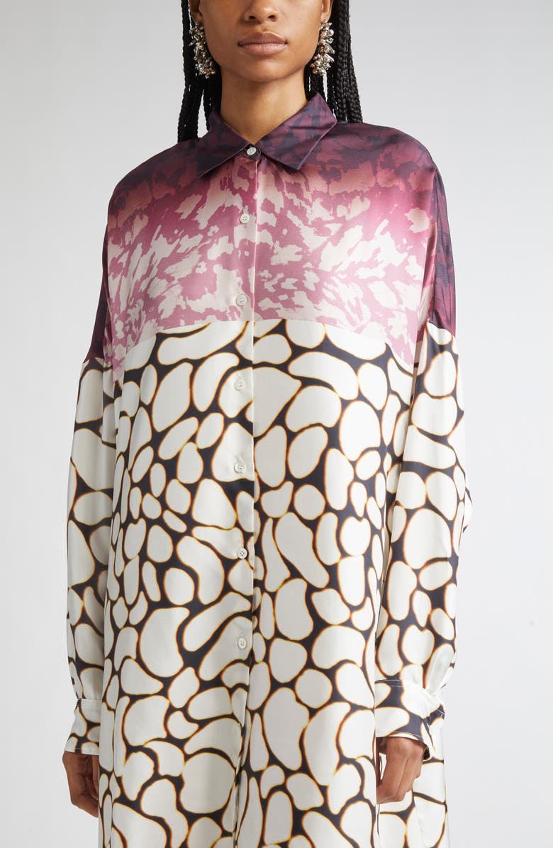 Dries Van Noten Mixed Print Oversize Silk Shirtdress, Alternate, color, Off White