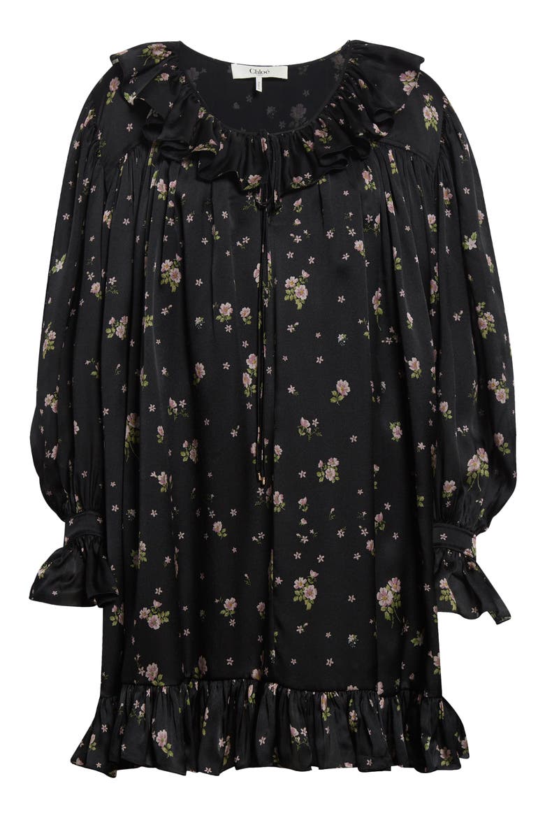 Liberty Print Long Sleve Silk Charmeuse Minidress, Alternate, color, BLACK