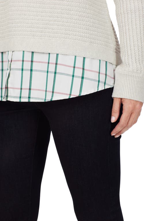 Foxcroft Layered Plaid Trim Cotton Sweater In Ivory Multi