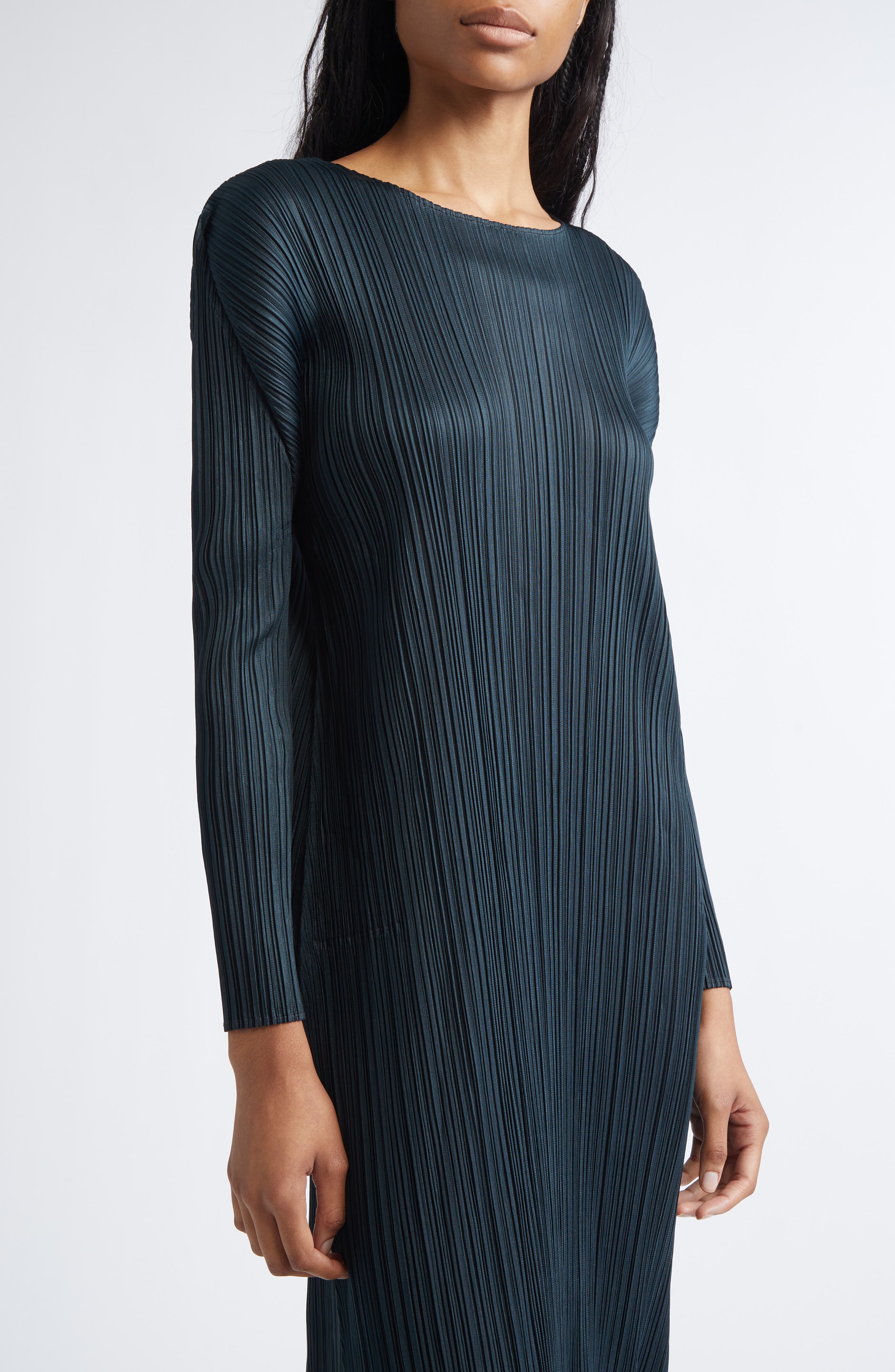 long sleeve miyake pleat dress Issey Miyake S/S 1991 Purple Pleated Curved Sleeve Shift Dress
