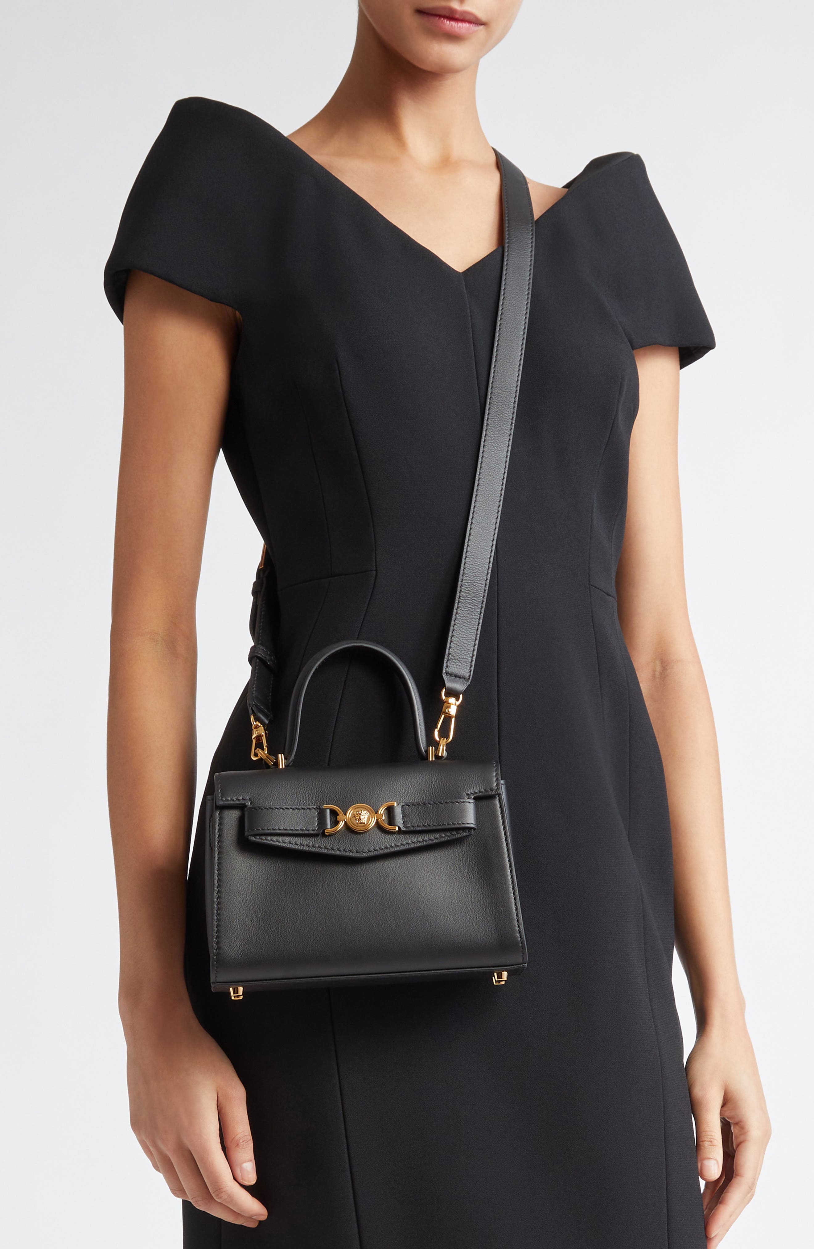 Versace Medusa Leather Top Handle Bag, Alternate, color, Black-Versace Gold